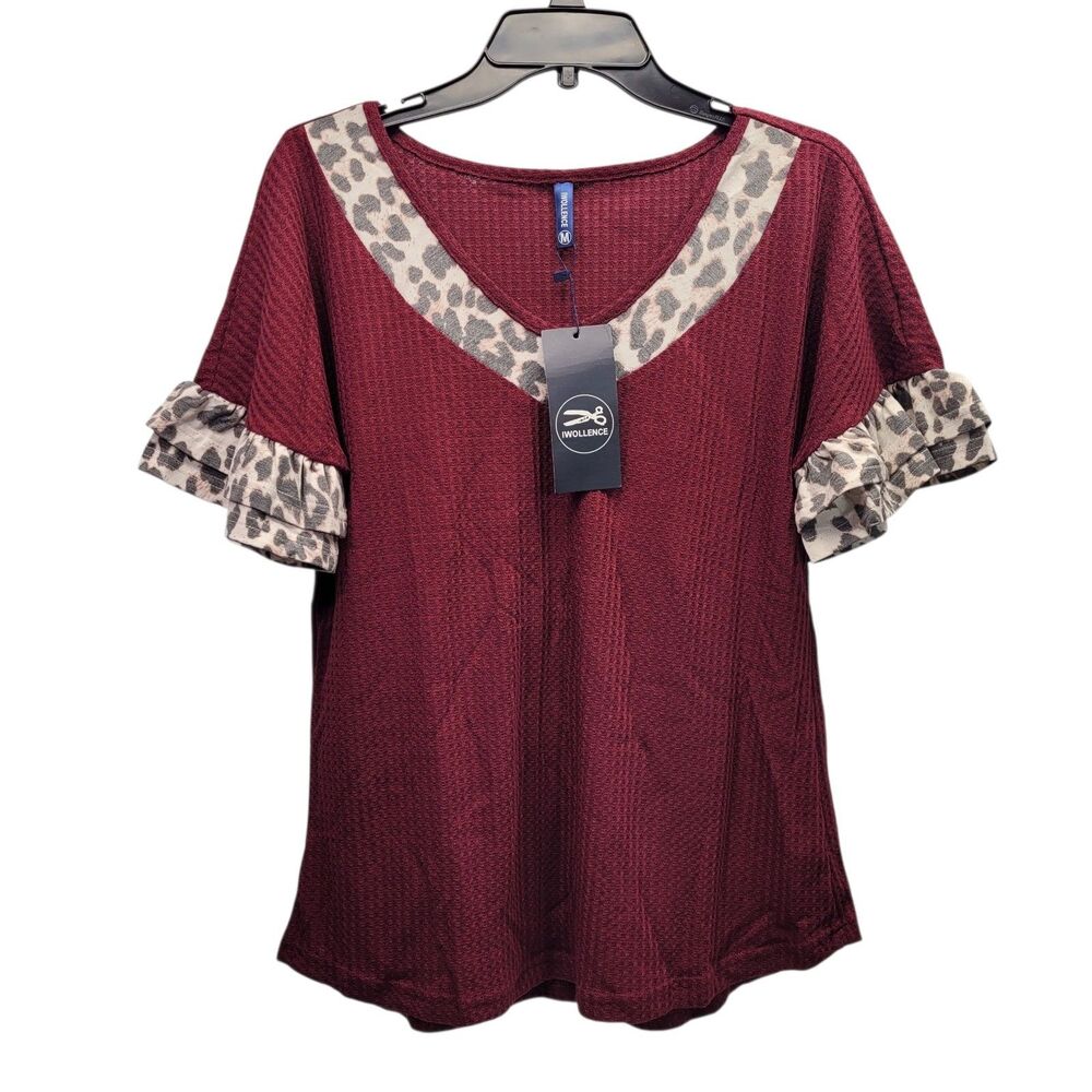 Iwollence Women  Short Sleeve Texture Knit Leopard Print Trim Bluse Burgundy M
